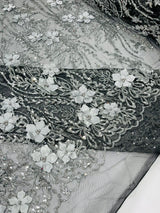 3D Luxury Satin Floral Glitter Fabric - 3D Satin Flowers, Glitter Sequin Embroidery, 54" Width (1 Yard)