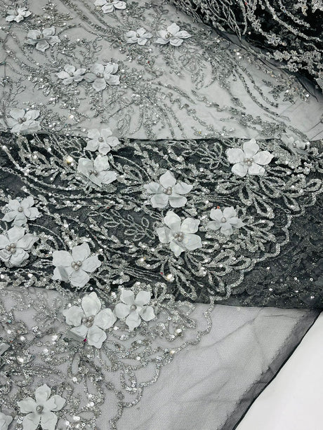 3D Luxury Satin Floral Glitter Fabric - 3D Satin Flowers, Glitter Sequin Embroidery, 54" Width (1 Yard)