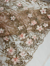 3D Luxury Satin Floral Glitter Fabric - 3D Satin Flowers, Glitter Sequin Embroidery, 54" Width (1 Yard)