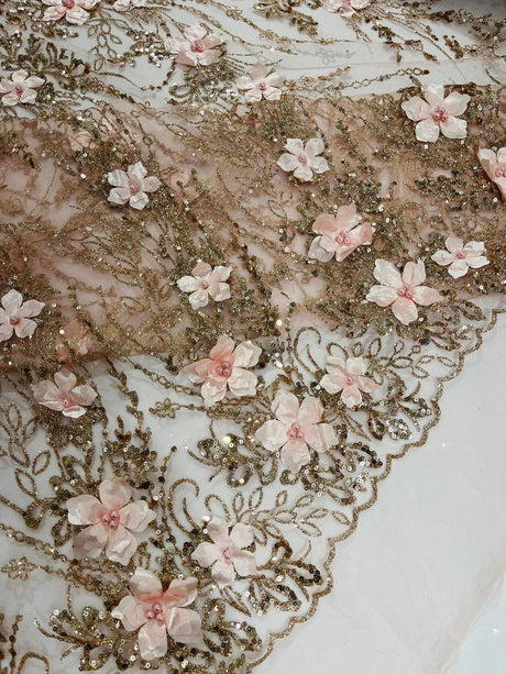 3D Luxury Satin Floral Glitter Fabric - 3D Satin Flowers, Glitter Sequin Embroidery, 54" Width (1 Yard)