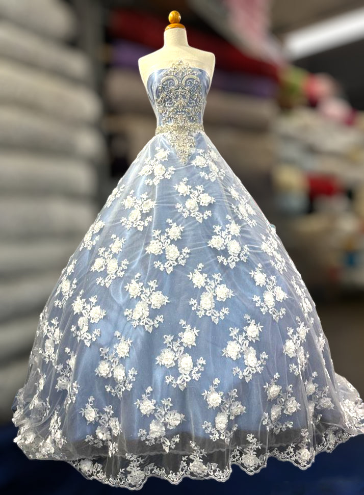 1 Yard Beaded 3D Floral Lace Fabric Embroidered on 100% Polyester Net Mesh White