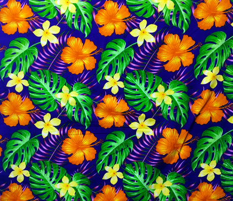 All Over Tropical Flowers 100 Percent Cotton Fabric - Blue, Red, Purple, Turquoise Tropical Floral Print, 36" X 42" (1 Yard)