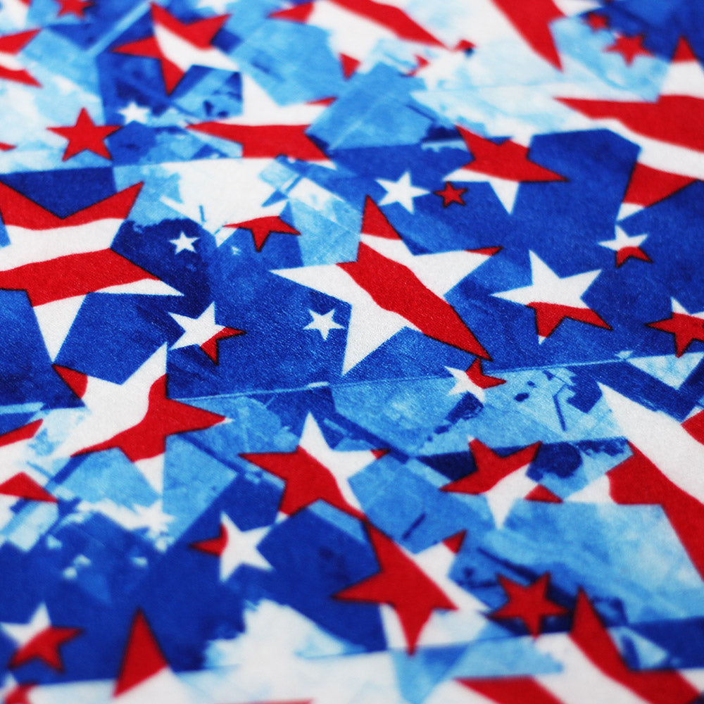 Star Spangled Polyester Spandex Fabric - American Flag Print, Red And White Stars On Blue, 58-60" Width, 240 GSM (1 Yard)