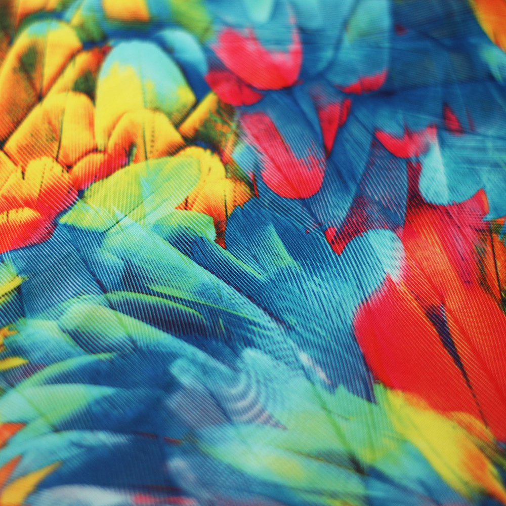 Tropical Feathers Polyester Spandex Fabric - Multicolor Feather Print, 58/60" Width, 200 GSM (1 Yard)