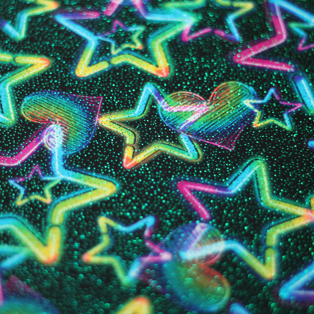 Vegas Nights Nylon Spandex Fabric - Black With Neon Stars And Hearts, 58/60" Width (1 Yard)
