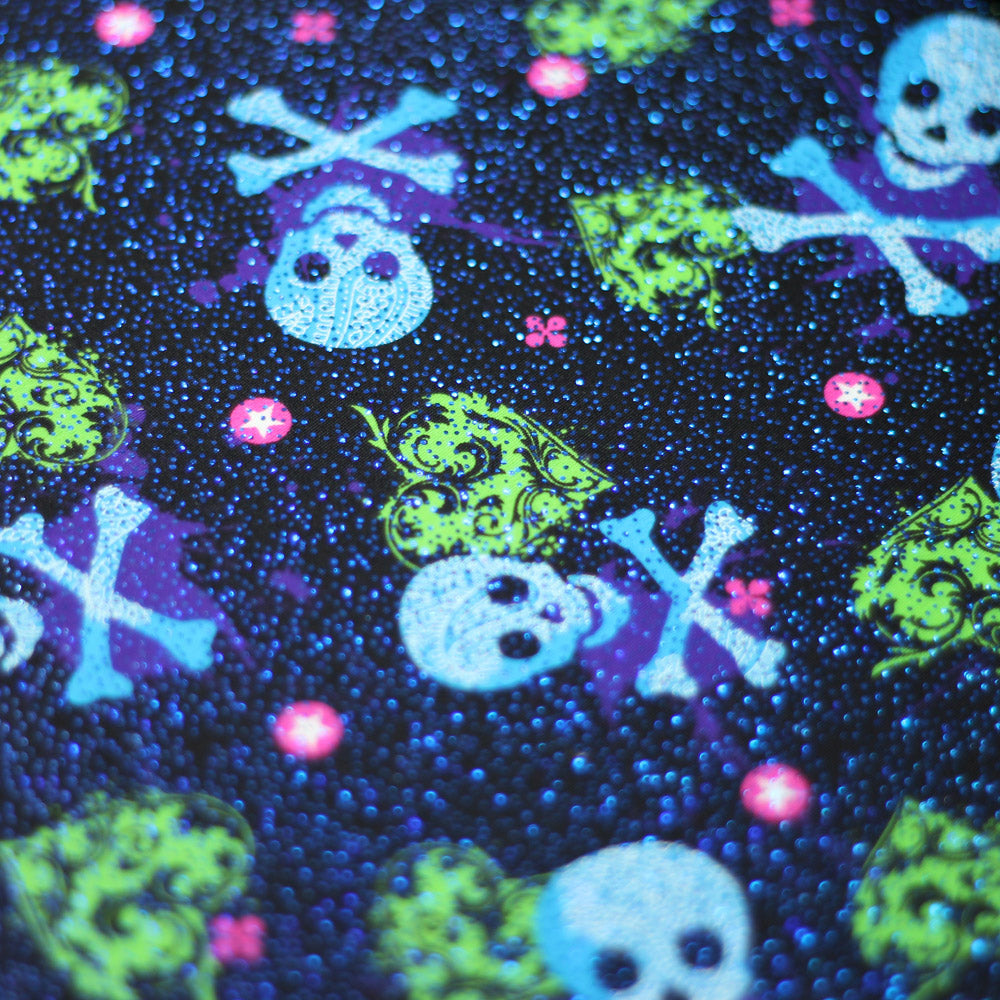 Heart Of Stone Nylon Spandex Fabric - Shiny Red/Green, Heart And Skull Pattern, 58/60" Width (1 Yard)