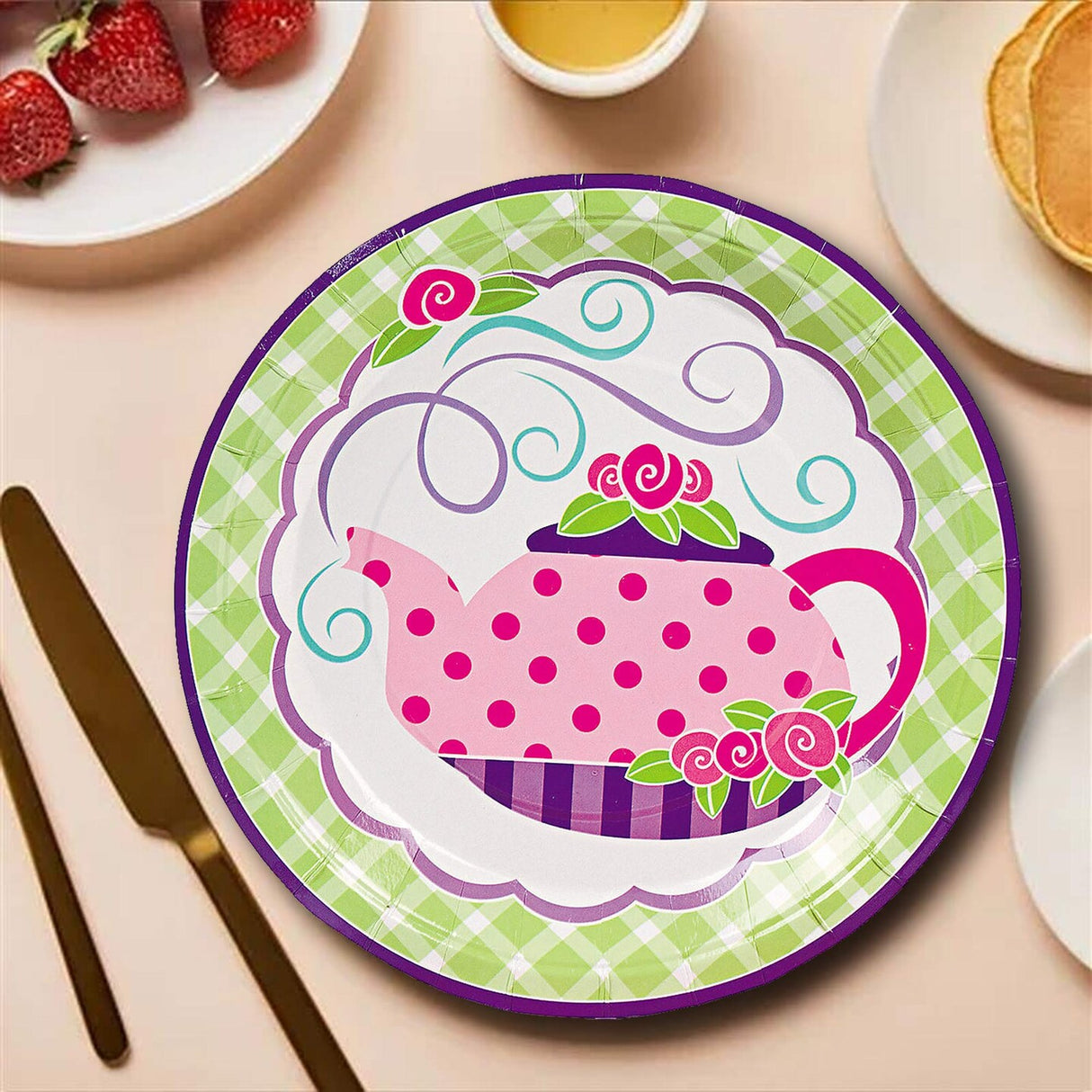 8 Count Green Gingham Tea Party Paper Dinner Plates 9" Disposable Plates for Birthday & Party Celebrations