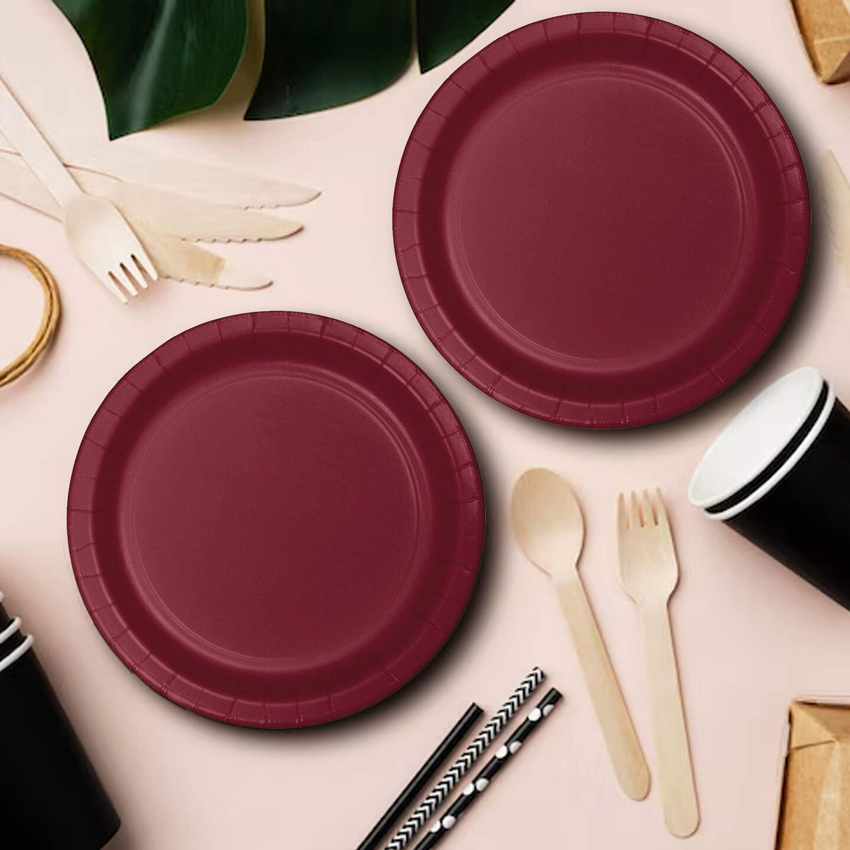 24 Count Burgundy Paper Dessert Plates for Fall Wedding Party Events 7"