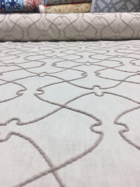 Natural Elementary Embroidered Linen Fabric - Natural Embroidered Pattern, 56" Width (1 Yard)