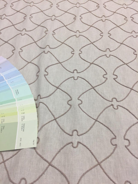 Natural Elementary Embroidered Linen Fabric - Natural Embroidered Pattern, 56" Width (1 Yard)
