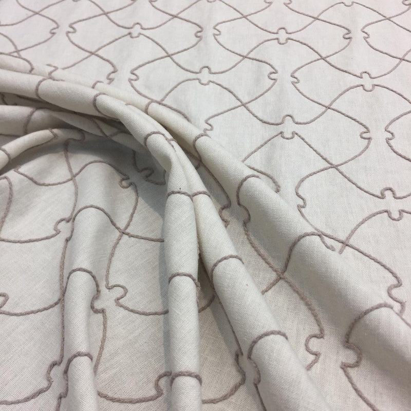 Natural Elementary Embroidered Linen Fabric - Natural Embroidered Pattern, 56" Width (1 Yard)