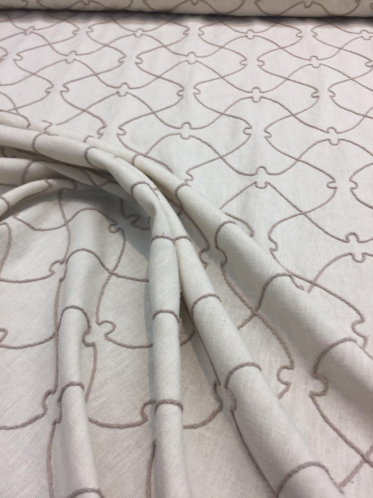Natural Elementary Embroidered Linen Fabric - Natural Embroidered Pattern, 56" Width (1 Yard)