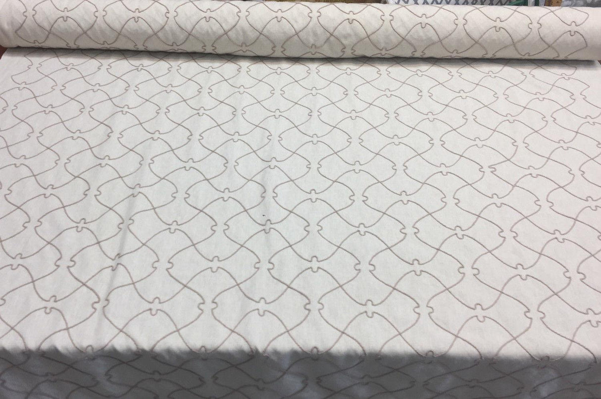 Natural Elementary Embroidered Linen Fabric - Natural Embroidered Pattern, 56" Width (1 Yard)