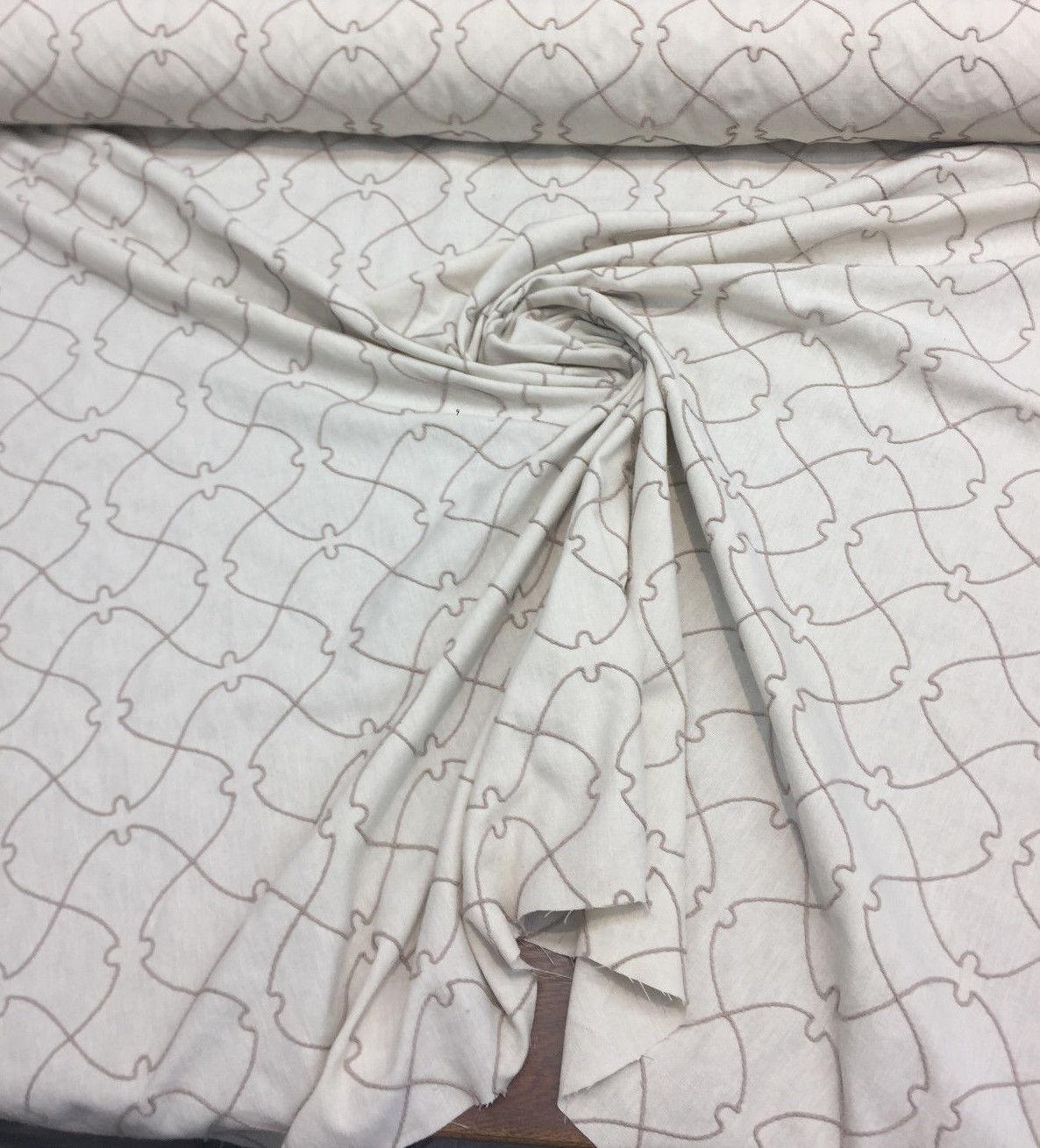 Natural Elementary Embroidered Linen Fabric - Natural Embroidered Pattern, 56" Width (1 Yard)