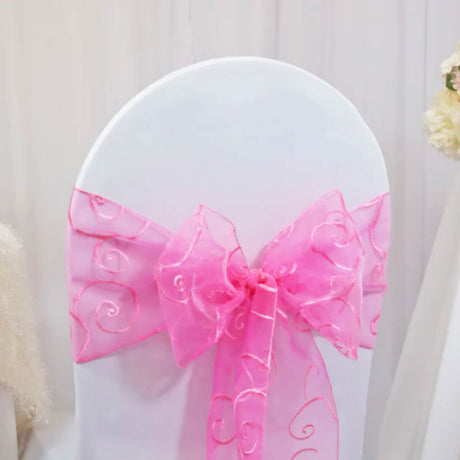 10 Pieces Bubble Gum Embroidered Organza Chair Sashes, Sheer 8"x108" Vibrant Decor