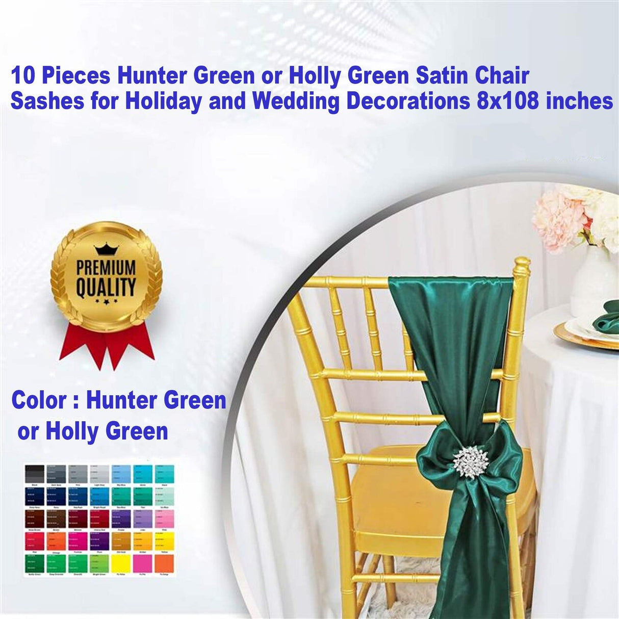 10 Pieces Hunter Green Satin Chair Sashes for Holiday and Wedding Decorations 8x108 inches