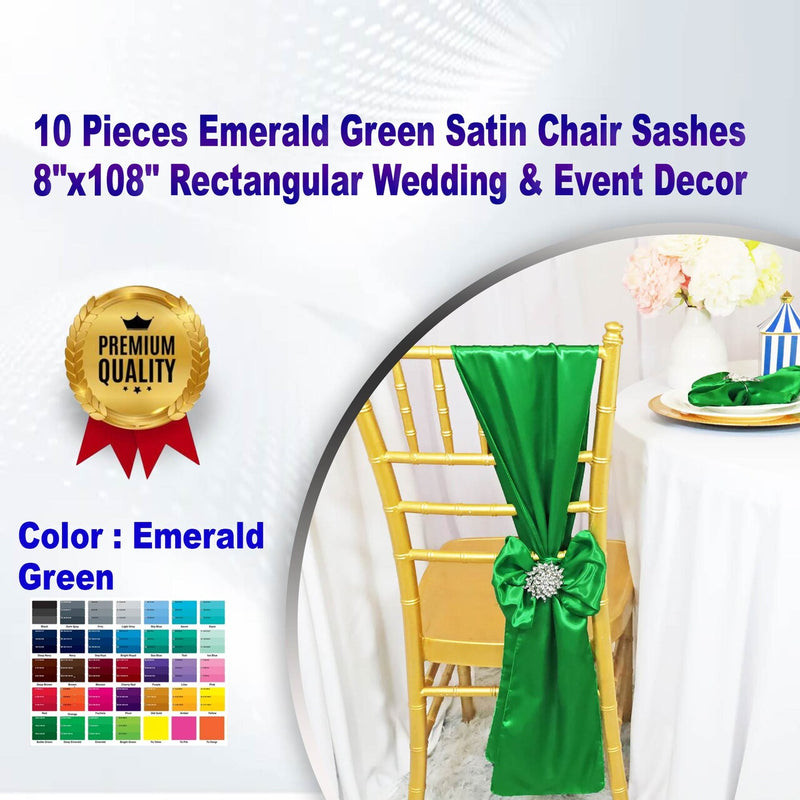 10 Pieces Emerald Green Satin Chair Sashes 8"x108" Rectangular Wedding & Event Decor
