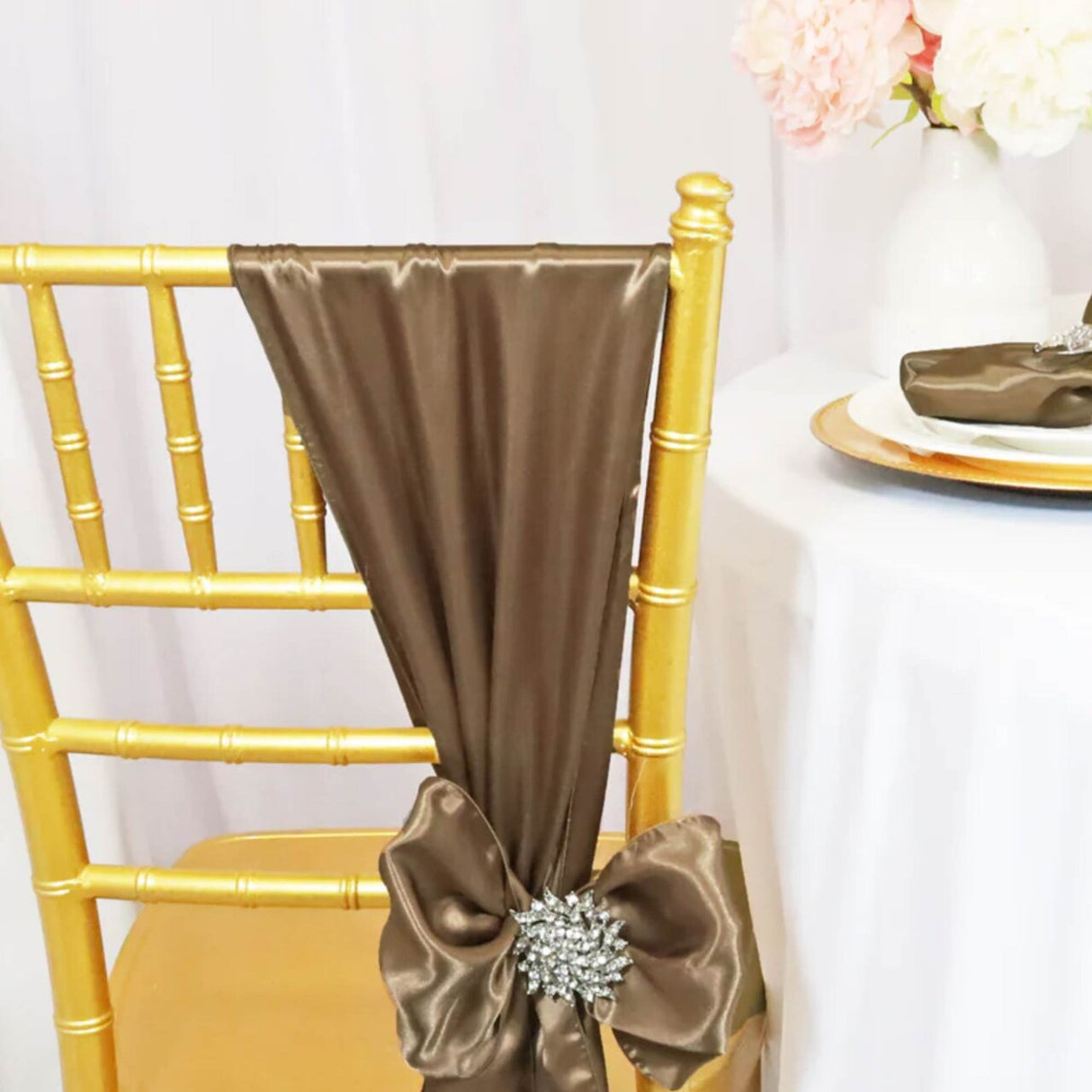 10 Pieces Latte Satin Fabric Chair Wraps, 8"x108" Stylish Decor Bands