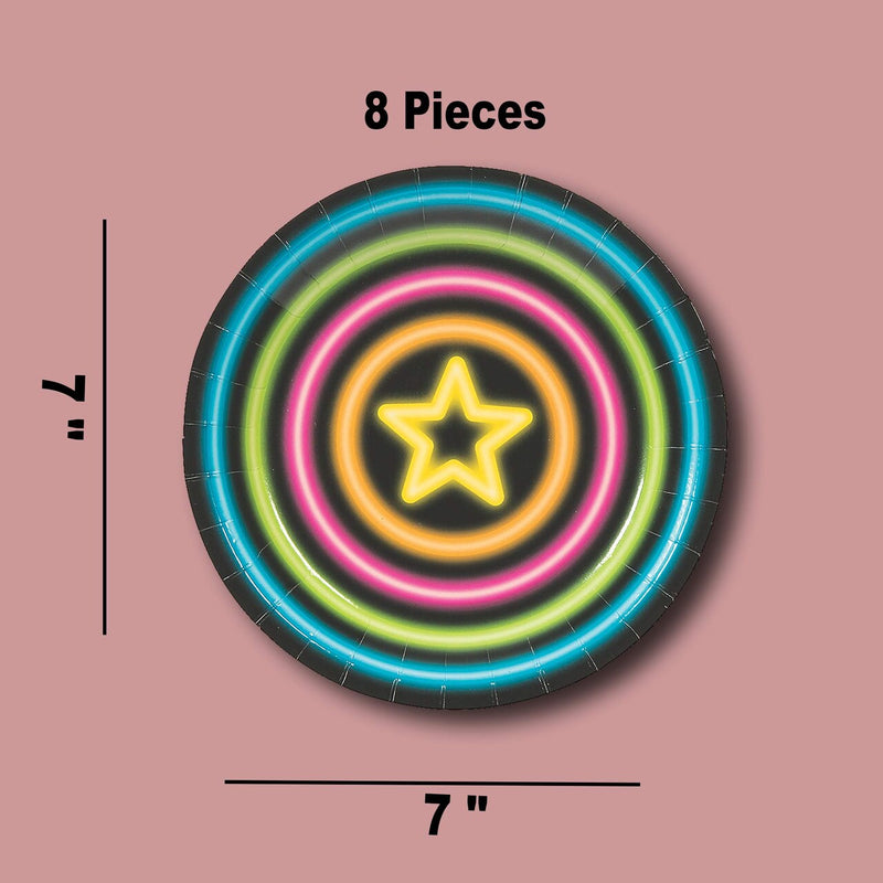 8 Ct. 7" Neon Glow Party Paper Dessert Plates Star Design with Vibrant Neon Colors on Black Background, Disposable Birthday Plates