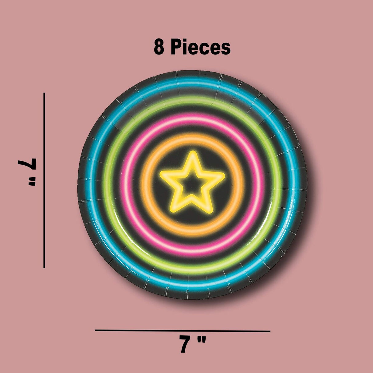 8 Ct. 7" Neon Glow Party Paper Dessert Plates Star Design with Vibrant Neon Colors on Black Background, Disposable Birthday Plates