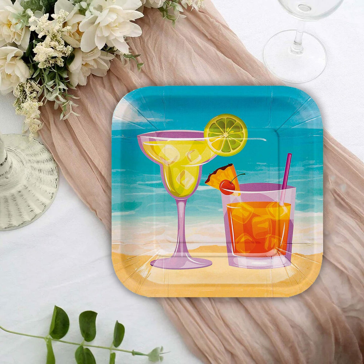 8 Ct. 7.25" Summer Cocktail Square Dessert Plates Beach Theme Disposable Paper Plates
