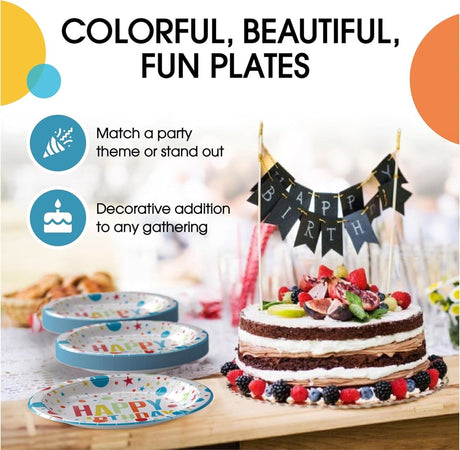 1000 Count Birthday Paper Plates Bulk with Colorful Print for Parties, Kids Events, 7"