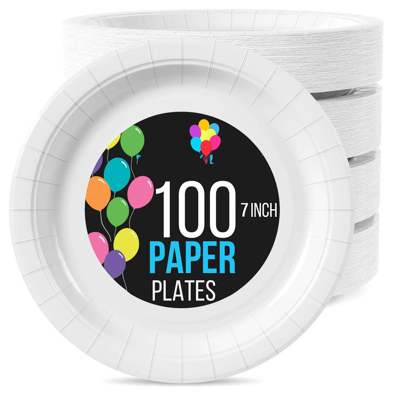 100 Count White Paper Plates 7 Inch Disposable Durable Supplies for Parties