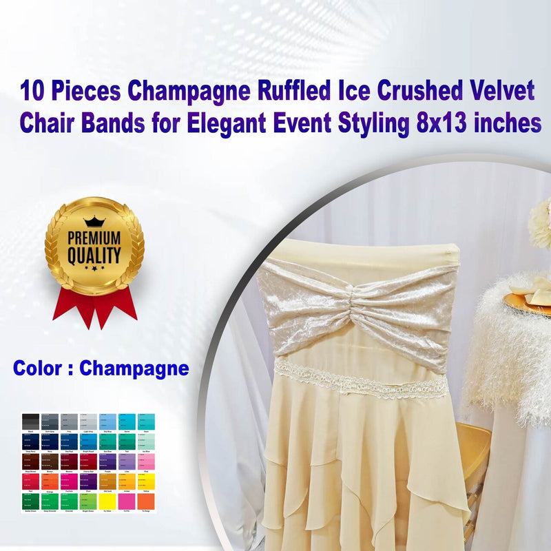 10 piezas de bandas de silla de terciopelo aplastado con volantes color champán para estilo elegante de eventos 8x13 pulgadas