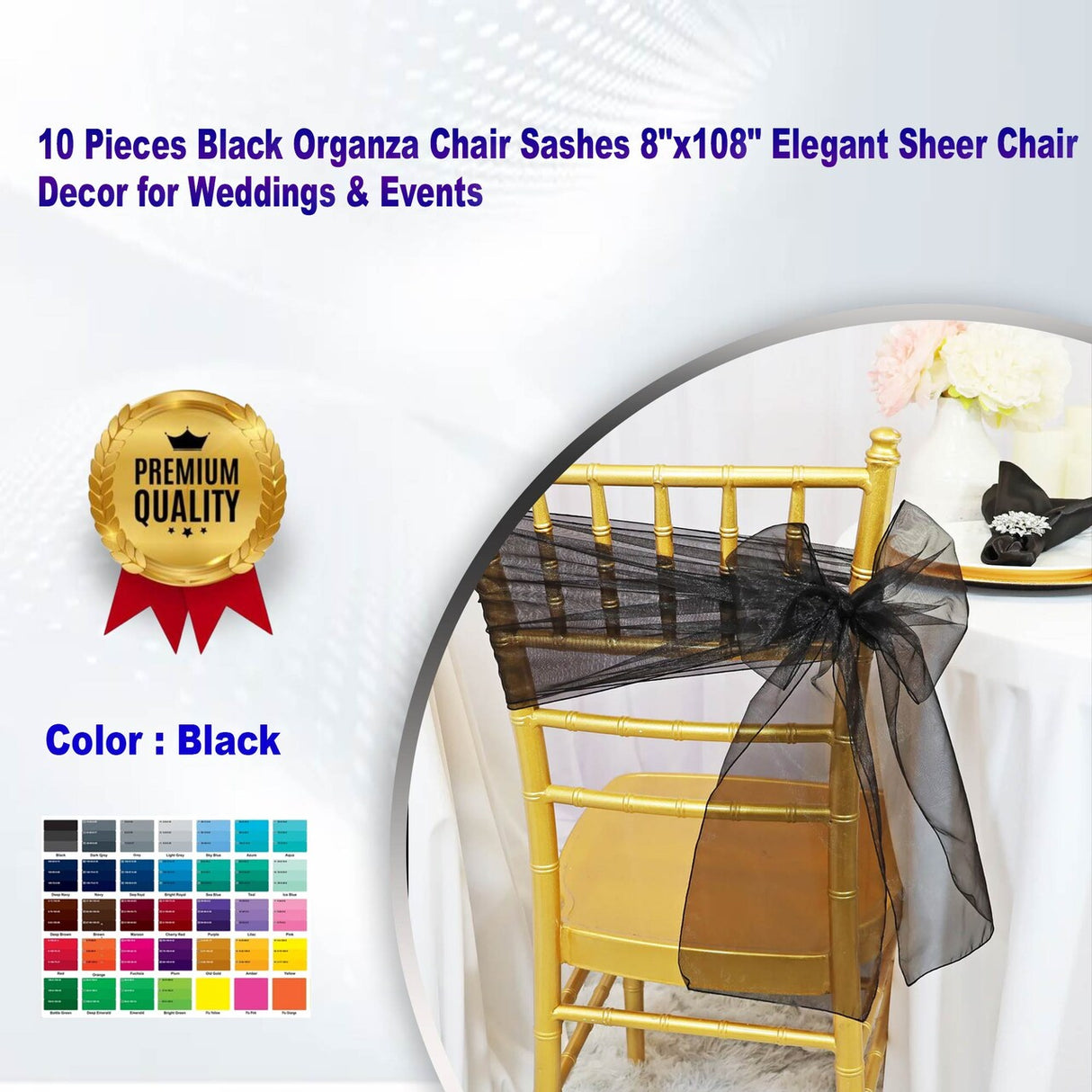 10 Pieces Black Organza Chair Sashes 8"x108" Elegant Sheer Chair Decor for Weddings & Events