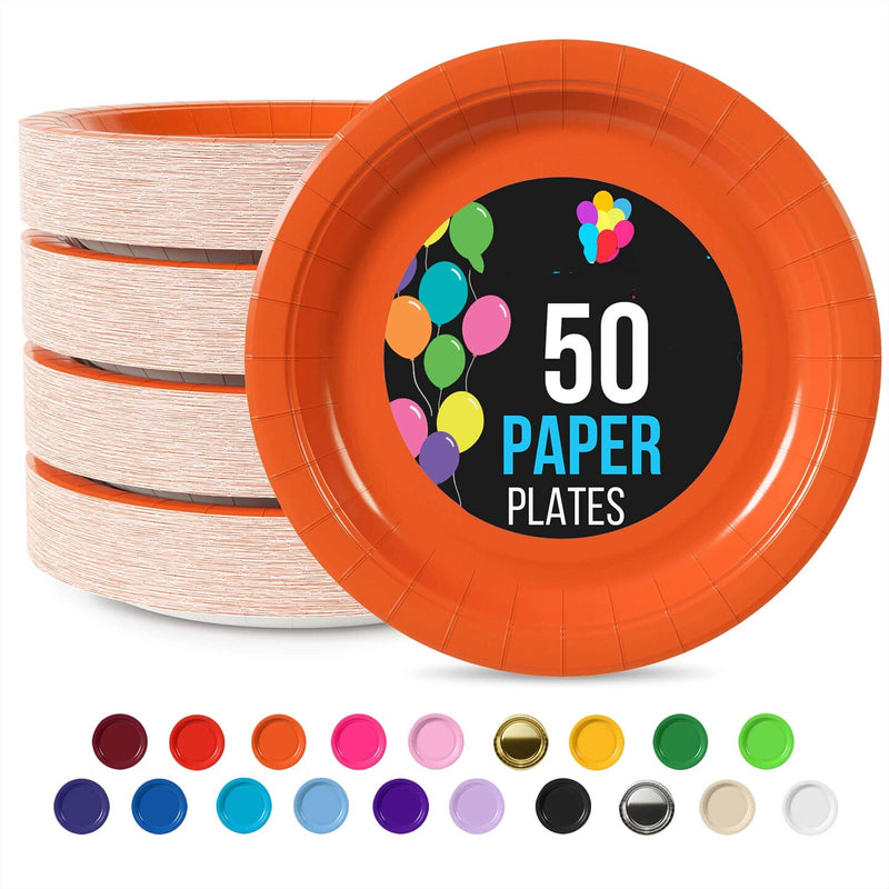 50 Count Orange Paper Plates Disposable Tableware for Parties and Events 7"