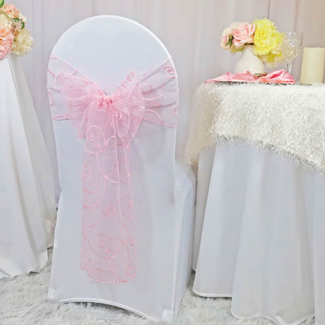 10 Pieces Pink Embroidered Organza Chair Sashes 8"x108" Elegant Event Decoration