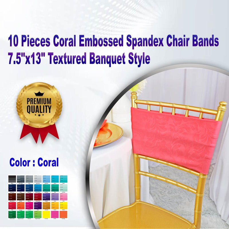 10 Pieces Coral Embossed Spandex Chair Bands 7.5"x13" Textured Banquet Style