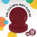 50 Count Burgundy Paper Plates 9 Inch Elegant Disposable Dinnerware for Parties and Events