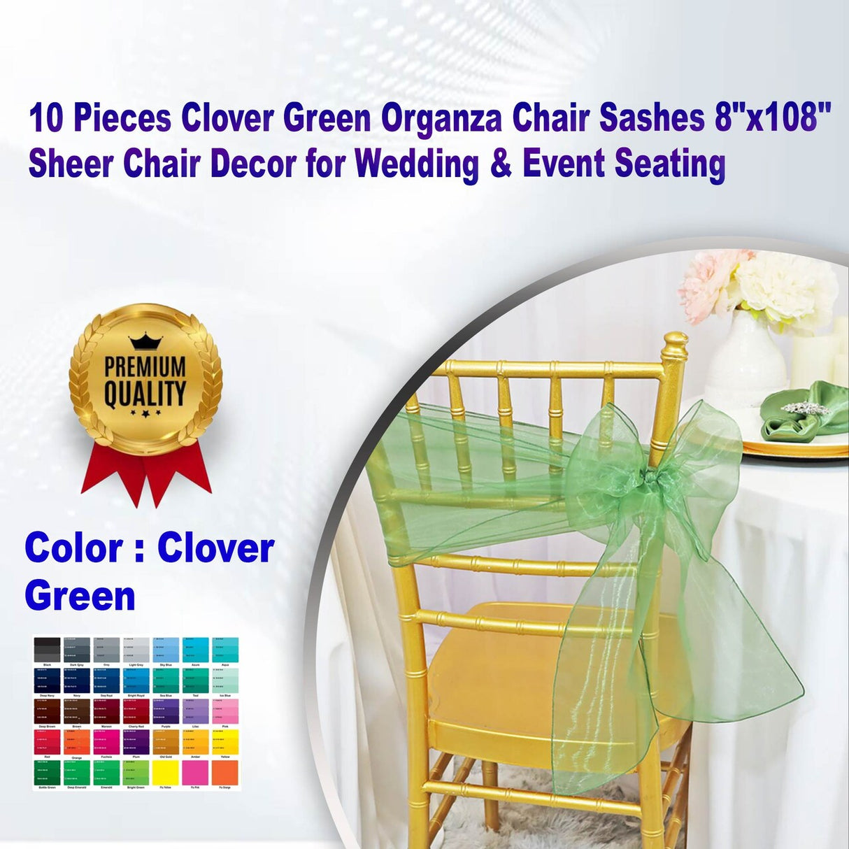 10 Pieces Clover Green Organza Chair Sashes 8"x108" Sheer Chair Decor for Wedding & Event Seating