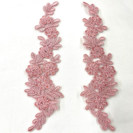 1 Pair 9.5" x 2" Each Side Beaded & Corded Floral Lace Applique Embroidered on 100% Polyester Net Mesh