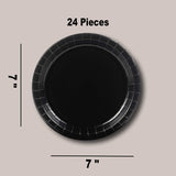 24 Count Black 7" Round Paper Dessert Plates for Birthday Party Wedding Shower Supplies