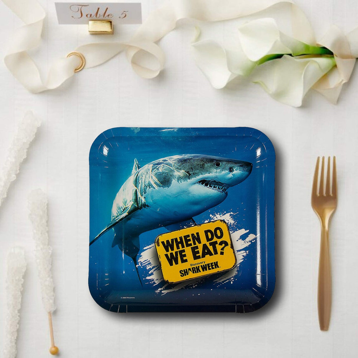 Shark Week Warning Sign Square Paper Plates 9 Inch 8 Count for Sea Life Party