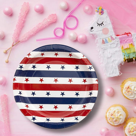 8 Ct. Patriotic Star Dessert Plates 7" Disposable Paper Plates Red White Blue Party Tableware