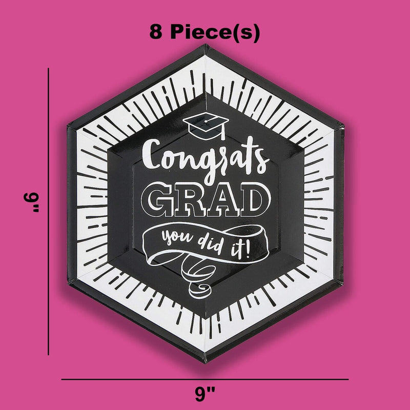 8 Ct. Congrats Grad You Did It Graduation Party Dinner Plates 9" Black & White Paper Plates
