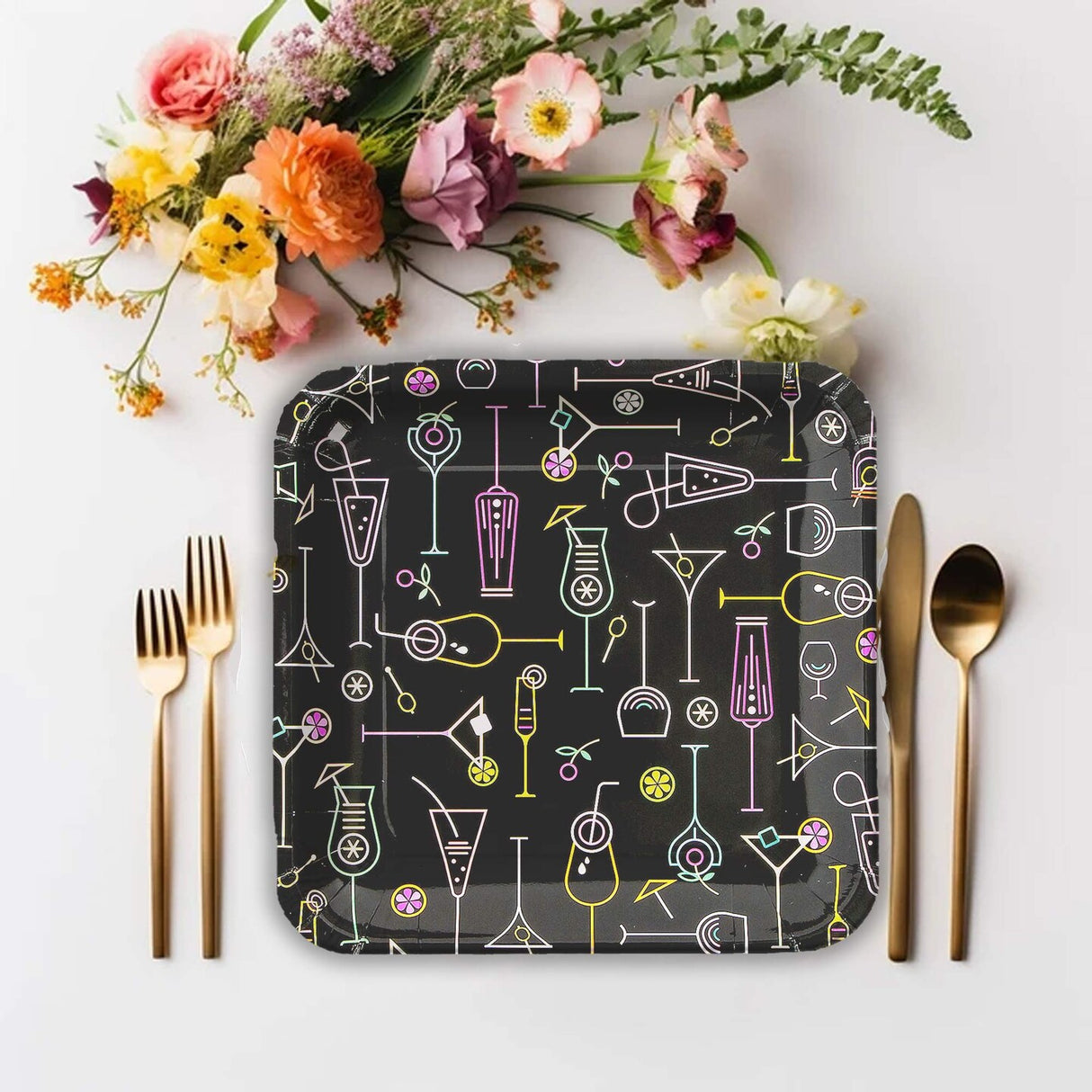 8 Ct. Cocktail Party Square Paper Dinner Plates Neon Drink Design 9 Inch