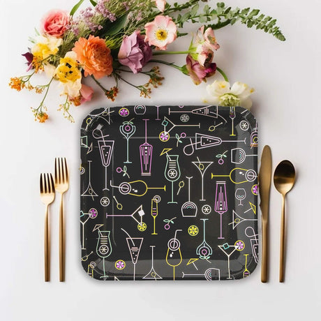 8 Ct. Cocktail Party Square Paper Dinner Plates Neon Drink Design 9 Inch