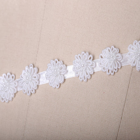 1 Yard 3D White Flower Ribbon Trim Firm Satin Narrow Floral Accent