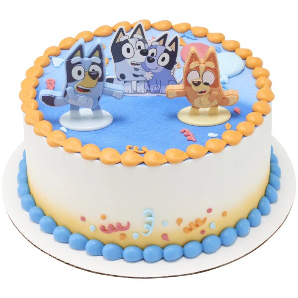 Bluey Dance Mode Cake Toppers, 3 Piece Cake Decoration with Bluey and Bingo Figurines and Muffin & Socks Poly Pic, For Birthday, Parties, Celebration