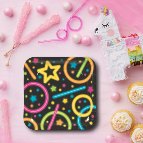 8 Count Neon Glow Rings and Stars Square Paper Plates 9 Inch for Birthday Parties