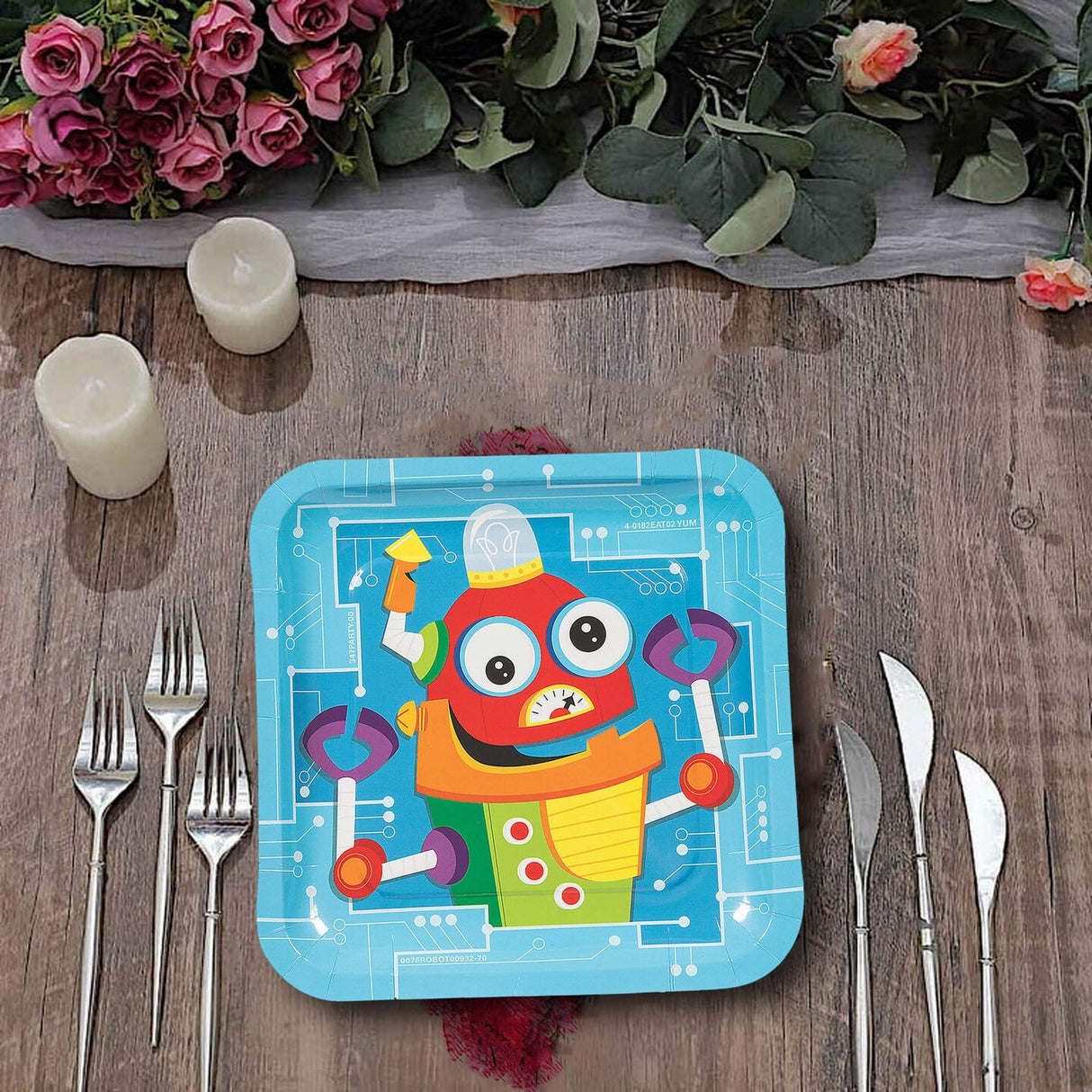 8 Count Silly Robot Party Square Paper Dinner Plates 9 Inch for Kids Birthday Celebration