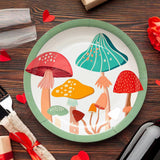 8 Ct. Mushroom Party Disposable Paper Dinner Plates with Green Trim Fun Forest Theme Tableware 9"