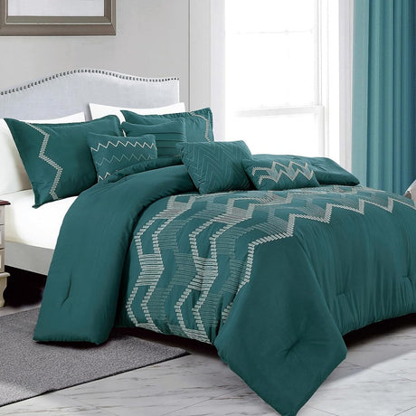 7 Pieces Kefira Teal Embroidery Comforter Set Breathable