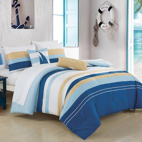9-Pieces Sailboat Blue Yellow White Coastal Bedding Comforter Set