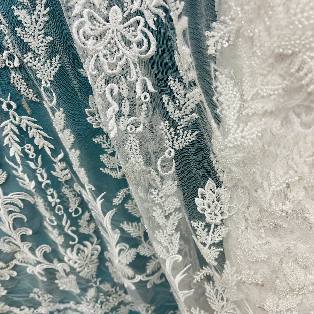 Beaded Lace Fabric on Polyester Net Mesh