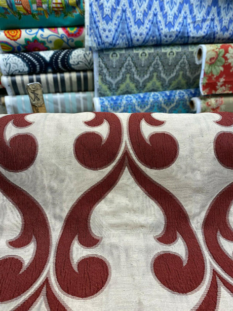 Fleur De Lis Ruby Red Jacquard Reversible Fabric - Ruby Red Fleur De Lis Damask, 58" Width (1 Yard)